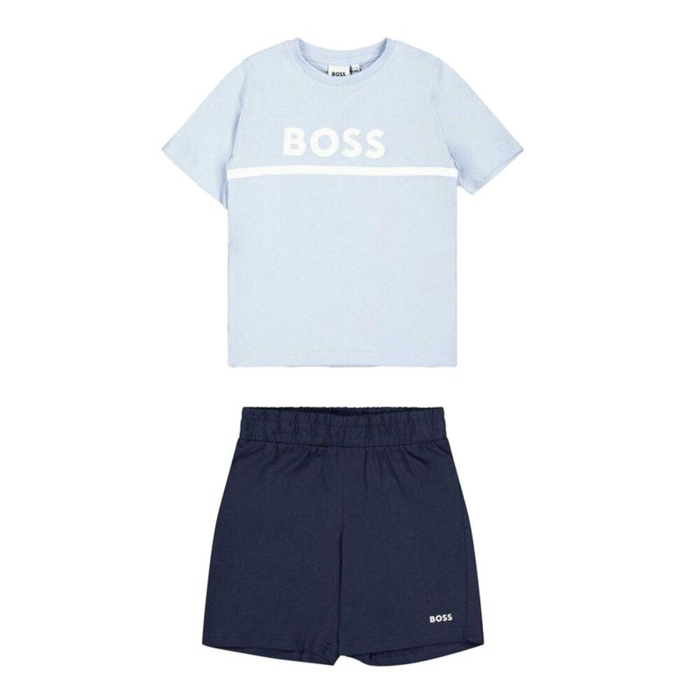 Boss Childrens/Kids Striped Logo T-Shirt & Shorts Set / Light Blue/Navy